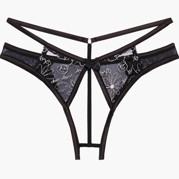 Savage X Fenty Dear Diary Crotchless Open Back Black Embordered Thong Panty Larg